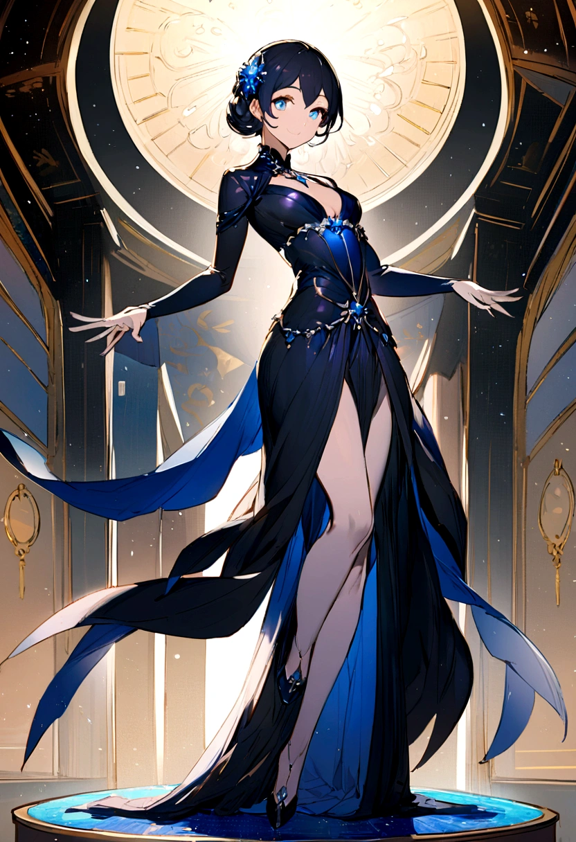 anime girl, beautiful, classical japanese beauty, very light skin tone, long black fur, long blue eyes that shine like sapphires, SMILE, outstanding figure who embodies the ideal of every woman in the world, long, thin arms and legs, he would be, intelligent, gentle and kind