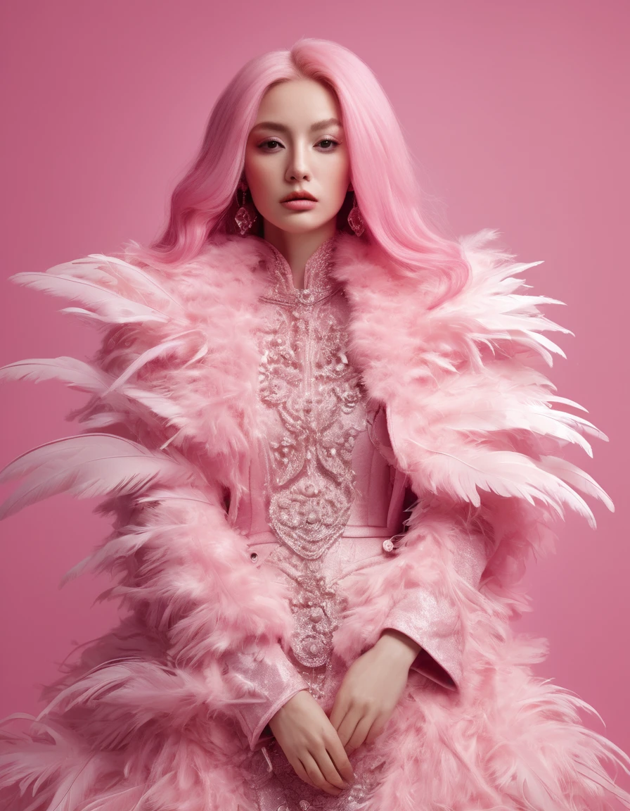 pretty woman with long pink hair and in pink dress on pink background, in the style of made of feathers, futuristic victorian, collage-like layering, focus stacking, layered forms, textured fabrics, oversized objects.real human and hair, music video, youtube, screenshot , behind view , ultrarealistic, detailed" "female, fashion,full photo