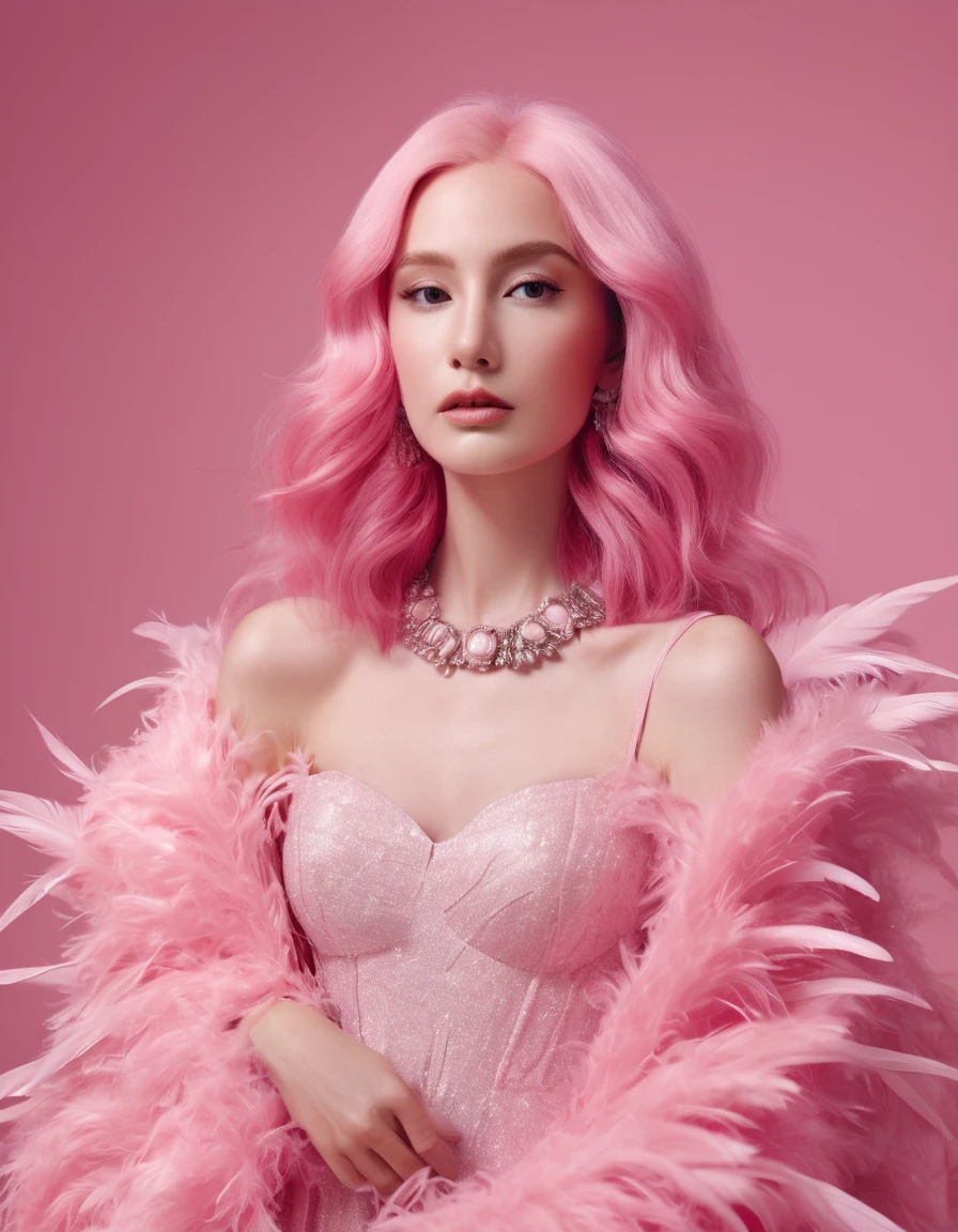 pretty woman with long pink hair and in pink dress on pink background, in the style of made of feathers, futuristic victorian, collage-like layering, focus stacking, layered forms, textured fabrics, oversized objects.real human and hair, music video, youtube, screenshot , behind view , ultrarealistic, detailed" "female, fashion,full photo
