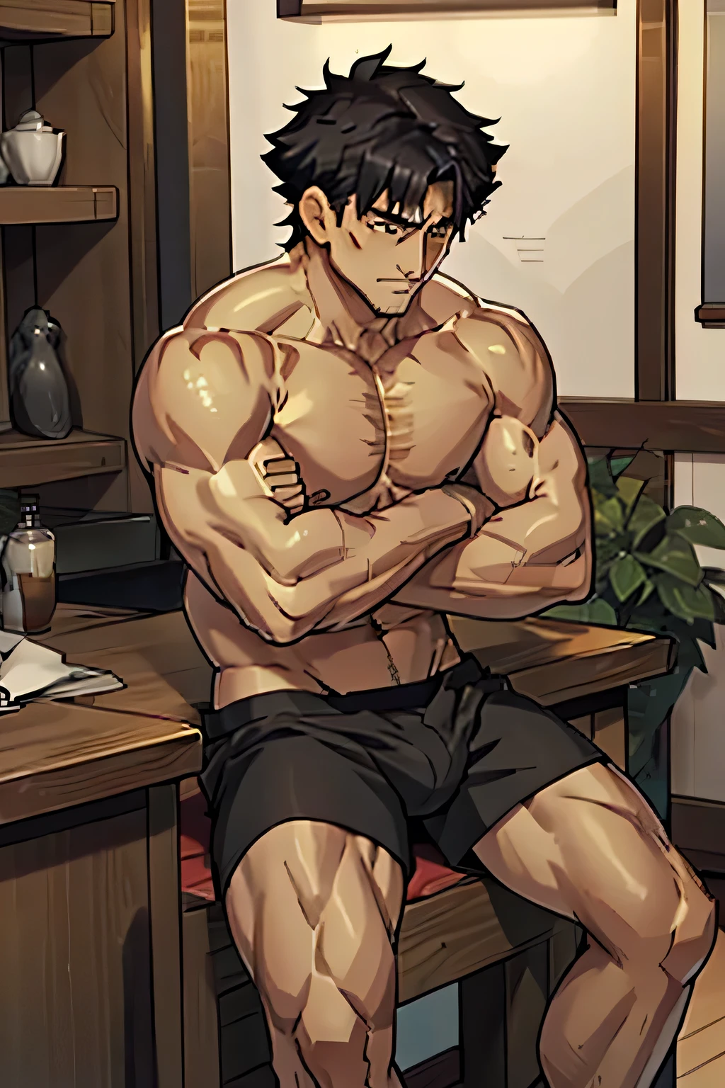 Kiritsugu is sitting and flexing his buff biceps and thighs. He wears black short boxershorts. You can see his thighs completely. He is shirtless. He is showing his abs too. He is admiring his arms. He has a huge bulge.