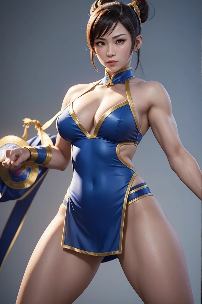  --descricao "Chun Li and the other fighters from the Street Fighter game in full-body frontal view, highlighting the toned and athletic thighs. The atmosphere of the scenario reminds us of version 2 of the game, with Chun Li wearing her traditional classical costume. Ao fundo, all fighters in the game can be seen in detail, in a distant panoramic view. All fighters are visible in the image, with Chun Li leaning forward, demonstrating a martial arts strike."