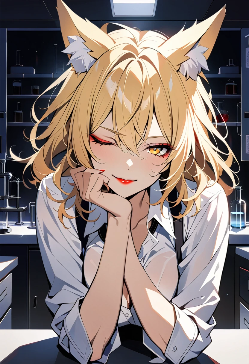 1woman, 30 years old,solo, medium hair,disheveled hair,messy hair,fox ears,blonde hair, yellow eyes, upper body, white shirt, red lipstick, breasts, looking at viewer, seductive smile, one eye closed, hand on own chin , laboratory, masterpiece, best quality
