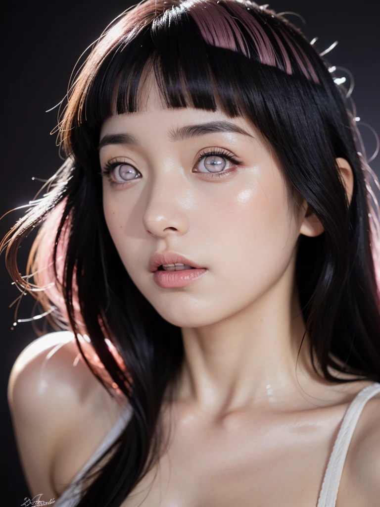 ((best quality)), ((masterpiece)), (detailed), perfect face, face shoot, dynamic lighting, ((hinata uzumaki)), (((pink long hair)), ahegao face, orgasme face, studio black background, beautiful make up,