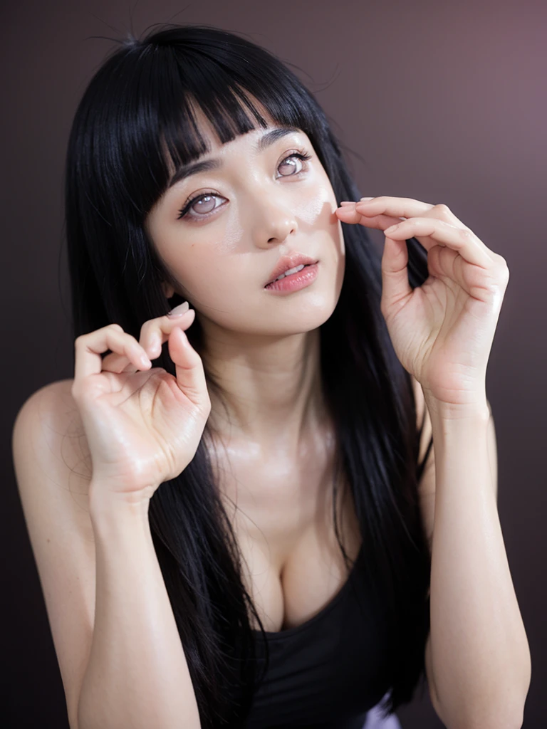 ((best quality)), ((masterpiece)), (detailed), perfect face, face shoot, dynamic lighting, ((hinata uzumaki)), (((pink long hair)), ahegao face, orgasme face, studio black background, beautiful make up,