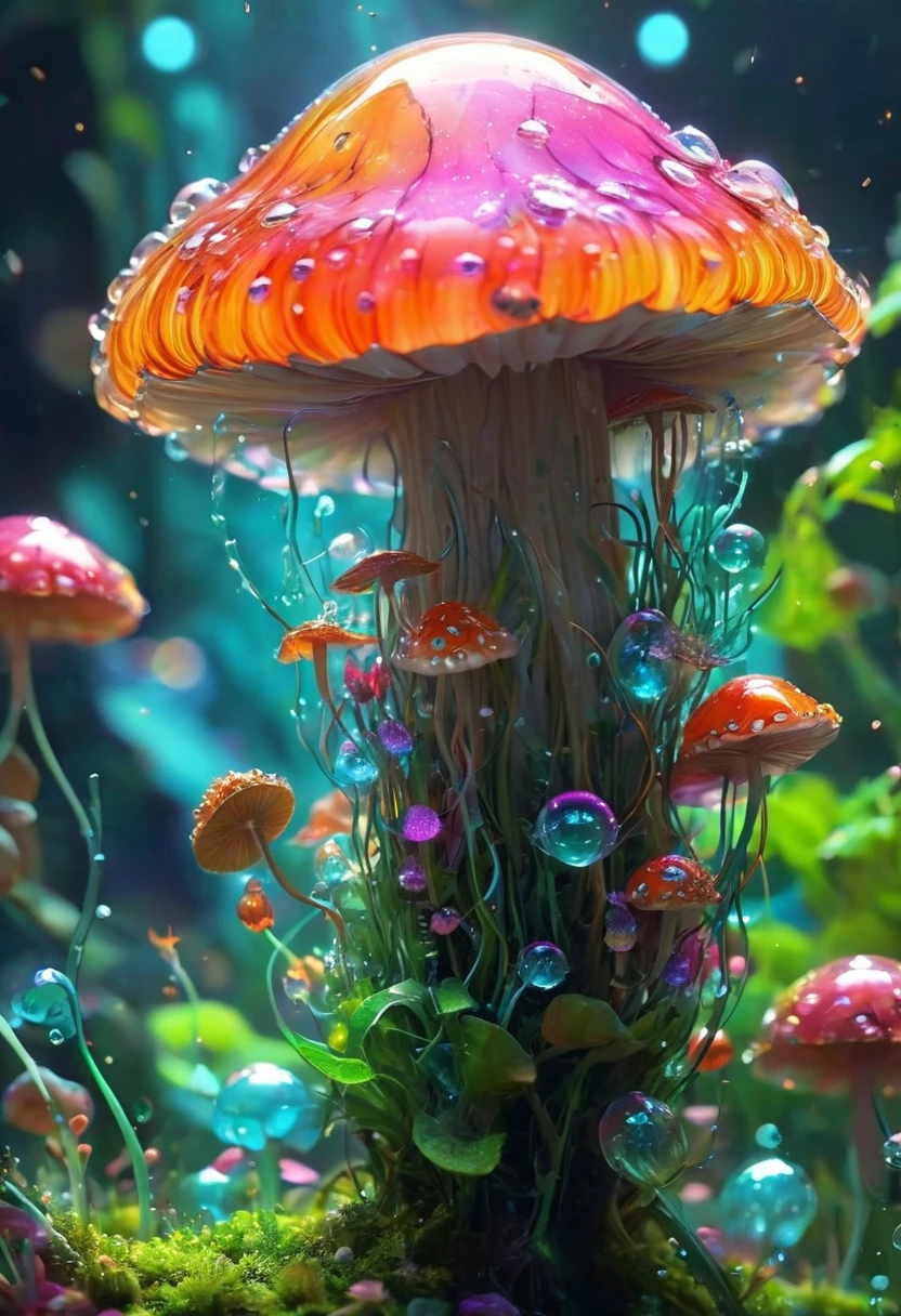 Generate images of creatures with humanoid body structures, But mainly composed of fungal elements. Its head resembles a big head, Dome-shaped crystal spring flower mushroom cap, fanciful, Colorful, Decorated with a luminous speckled pattern. Its arms are long, Flexible tendrils sprout from the shoulders, Able to be as vertical as a human hand. And not legs, It has a single, Thick, The stem is rooted in the ground. Its face is a small cluster, Bioluminescent spheres embedded in the bottom of the lid, Arranged in a way reminiscent of human facial features. photo-realism, ultra - detailed, 4K, A high resolution
