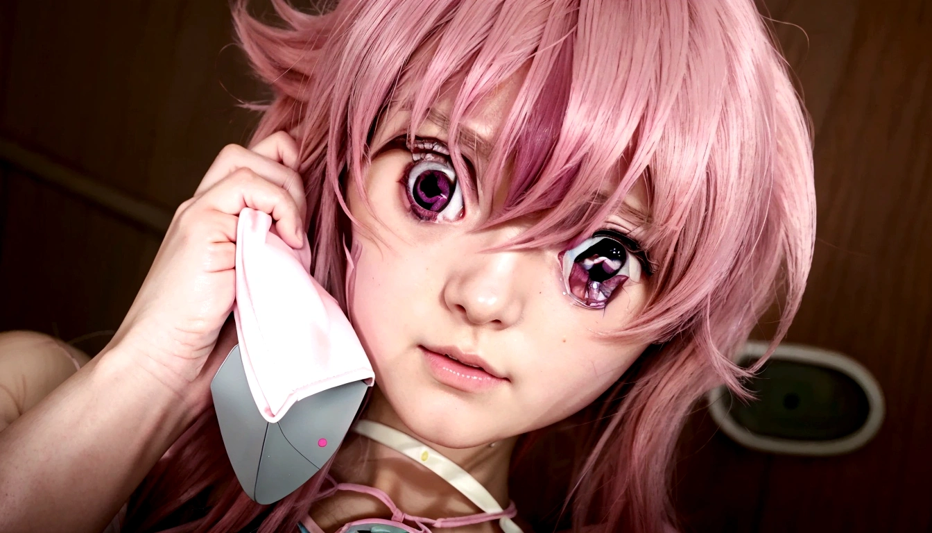 Anime girl with pink hair talking on cell phone., closeup of a young anime girl, Mirai Nikki, pink eyes normales hiperrealistas, Gasai Yuno, hyperrealistic anime, macros frontier, waifu, Cara de , yaoi kasuma, anime movie screenshot, macros,  Hyperrealistic eyes, animated cgi, pink eyes