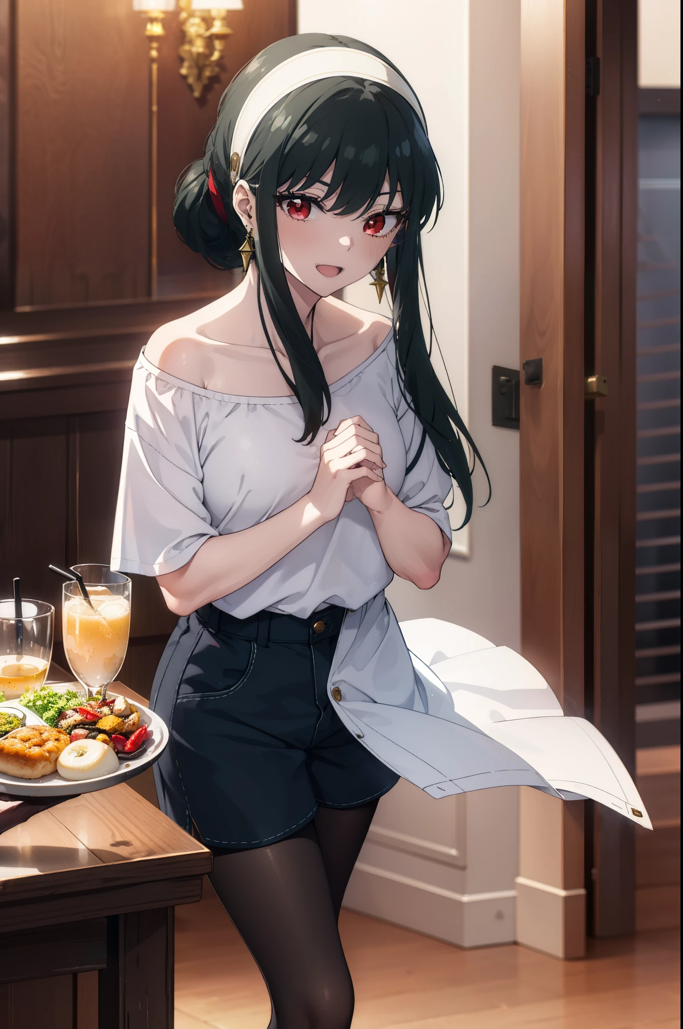 Yorbraia, Yor Briar, Black Hair, (Red eyes:1.5), Earrings, gold hair band, hair band, Long Hair, (Medium chest:1.2), happy smile, smile, Open your mouth,Oversized one-shoulder t-shirt,Shorts,Black pantyhose,short boots,,whole bodyがイラストに入るように,Walking,food, drink, Tables and chairs,tray, tray in one hand
break indoors,room,living,
break looking at viewer, whole body,
break (masterpiece:1.2), Highest quality, High resolution, unity 8k wallpaper, (figure:0.8), (Beautiful attention to detail:1.6), Highly detailed face, Perfect lighting, Highly detailed CG, (Perfect hands, Perfect Anatomy),