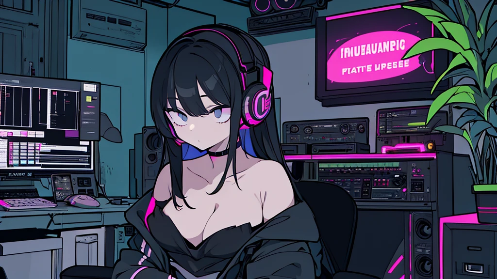 Best quality, (masterpiece:1.2), best detail face, 1 girl, big breasts, 18 yo, 8k,absurdres,unity 8k wall paper,(extremely detailed:1.3), highest realistic, (simple headphones:1.1), (soft neon light:1.1), (floating hair:1.2), (psychedelic:1.2), Her room full of music equipment and plants, Leaning back on the chair with a casual attitude, Light clothing in summer, dark grey color palette, black hair
