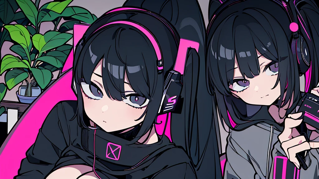 Best quality, (masterpiece:1.2), best detail face, 1 girl, big breasts, 18 yo, 8k,absurdres,unity 8k wall paper,(extremely detailed:1.3), highest realistic, (retro headphones:1.1), (soft neon light:1.1), (floating hair:1.2), (psychedelic:1.2), Her room full of music equipment and plants, Leaning back on the chair with a casual attitude, Light clothing in summer, dark grey color palette, black hair
