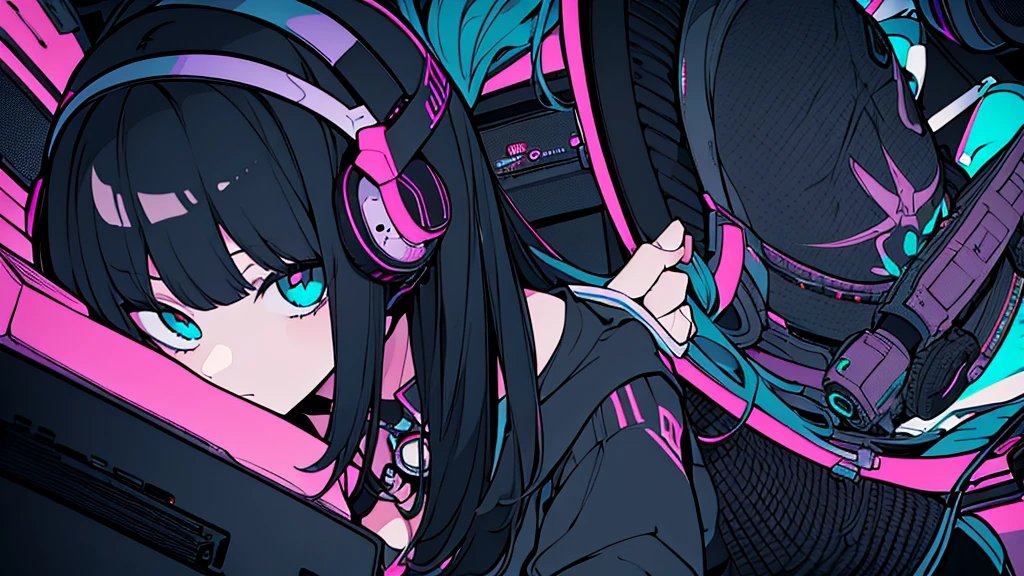 Best quality, (masterpiece:1.2), best detail face, 1 girl, big breasts, 18 yo, 8k,absurdres,unity 8k wall paper,(extremely detailed:1.3), highest realistic, (simple headphones:1.1), (soft neon light:1.1), (floating hair:1.2), (psychedelic:1.2), Her room full of music equipment and plants, Leaning back on the chair with a casual attitude, Light clothing in summer, dark grey color palette, black hair
