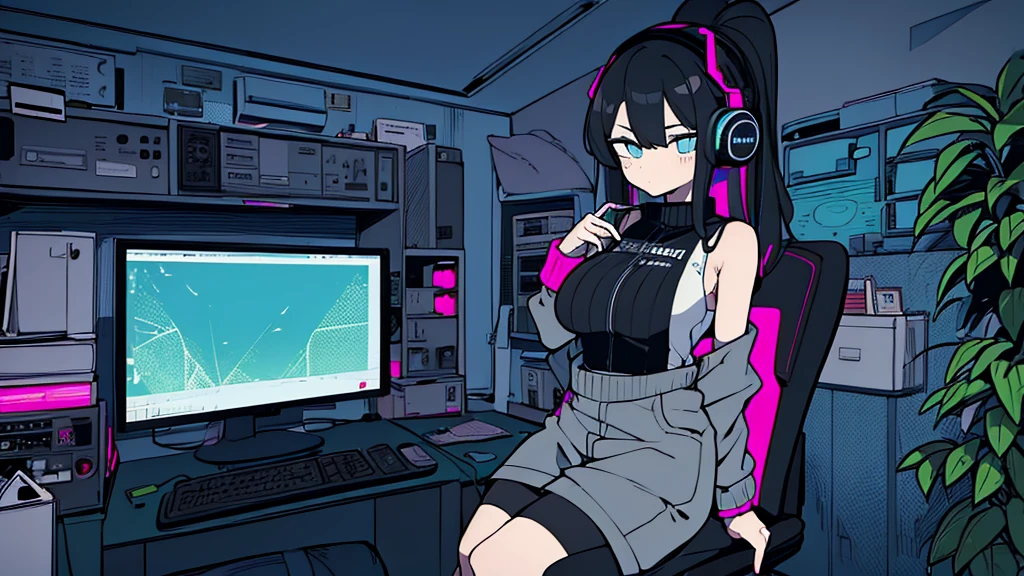 Best quality, (masterpiece:1.2), best detail face, 1 girl, big breasts, 18 yo, 8k,absurdres,unity 8k wall paper,(extremely detailed:1.3), highest realistic, (simple headphones:1.1), (soft neon light:1.1), (floating hair:1.2), (psychedelic:1.2), Her room full of music equipment and plants, Leaning back on the chair with a casual attitude, Light clothing in summer, dark grey color palette, black hair