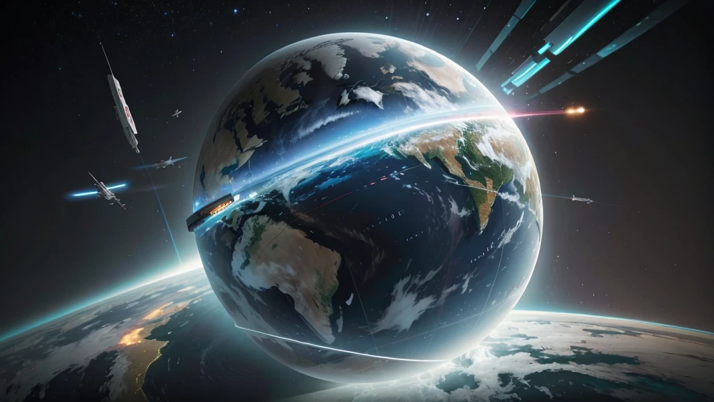 Please generate a technology-themed illustration. The background should feature a world map with satellite positioning, presenting technology and innovation. The photo style should be natural, minimalistic, sci-fi, bright, with natural colors.