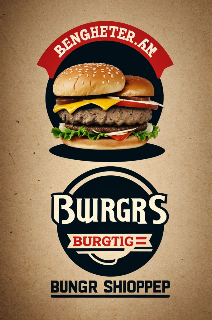 "A logo for a burger shop called 'Flavor Forger'. The design must include a hamburger in the center, with all its visible ingredients: golden bread, meat, lettuce, tomato, cheese and sauce. Behind the burger, add a stylized image of an anvil and hammer to represent forging. Use warm colors like brown, red and gold. The name 'Flavor Forger' must be at the top or bottom of the logo, in a modern and robust typography."