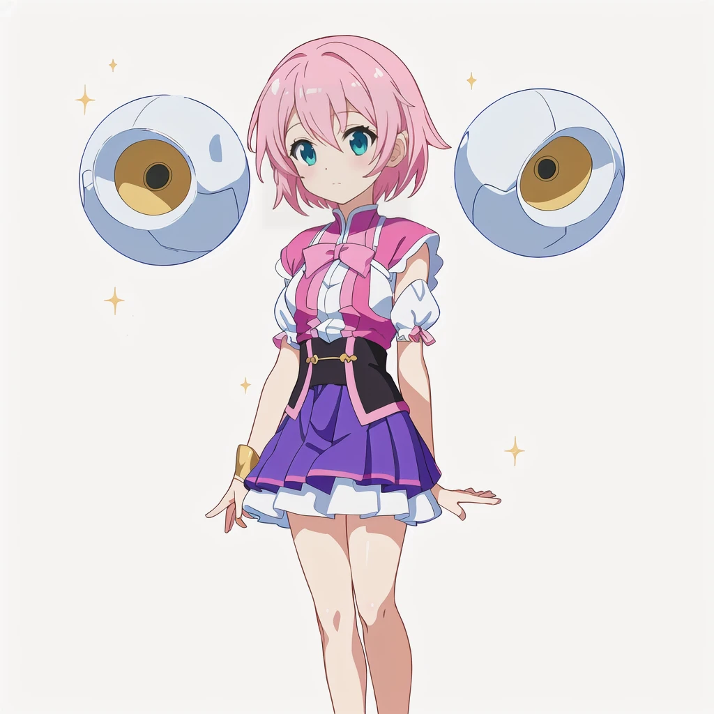 Highest quality, high resolution, High quality anime art style, Official Art, Smooth anime CG art, Stylized anime, Cute 3D anime girl render, Visual Novel Sprites, White background, whole body, Anime-style 3D, Smooth anime CG art, Humanoid Girl, JRPG Characters, Magical Girl Style, Pink Hairと紫色のドレスを着たアニメの女の子, Pink Hair, short hair, Pink ribbon, Float inside２Spheres, Holding a magic flute ,Small Bust, Small breasts, 13 years old