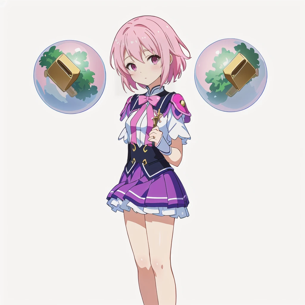 Highest quality, high resolution, High quality anime art style, Official Art, Smooth anime CG art, Stylized anime, Cute 3D anime girl render, Visual Novel Sprites, White background, whole body, Anime-style 3D, Smooth anime CG art, Humanoid Girl, JRPG Characters, Magical Girl Style, Pink Hairと紫色のドレスを着たアニメの女の子, Pink Hair, short hair, Pink ribbon, Float inside2Spheres, Holding a magic flute ,Small Bust, Small breasts,