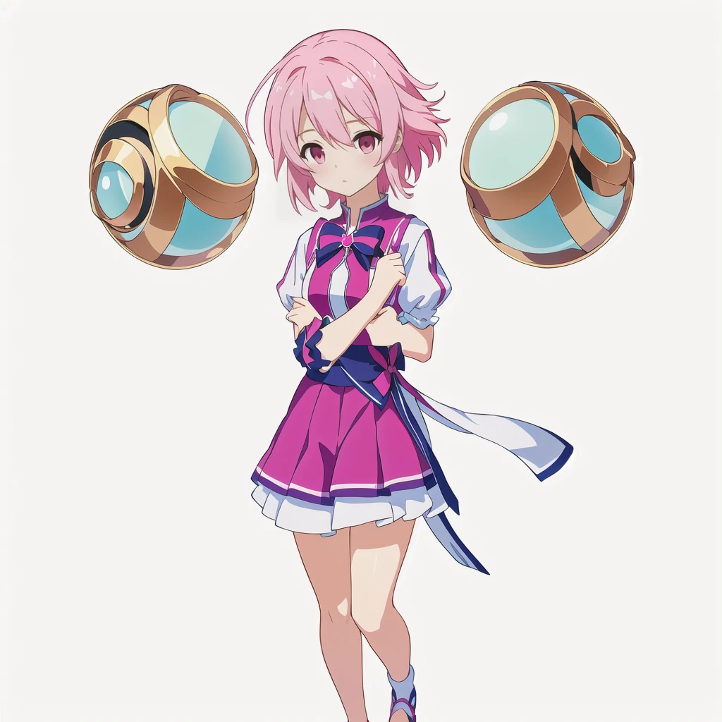 Highest quality, high resolution, High quality anime art style, Official Art, Smooth anime CG art, Stylized anime, Cute 3D anime girl render, Visual Novel Sprites, White background, whole body, Anime-style 3D, Smooth anime CG art, Humanoid Girl, JRPG Characters, Magical Girl Style, Pink Hairと紫色のドレスを着たアニメの女の子, Pink Hair, short hair, Pink ribbon, Float inside2Spheres, Holding a magic flute ,Small Bust, Small breasts, 13 years old