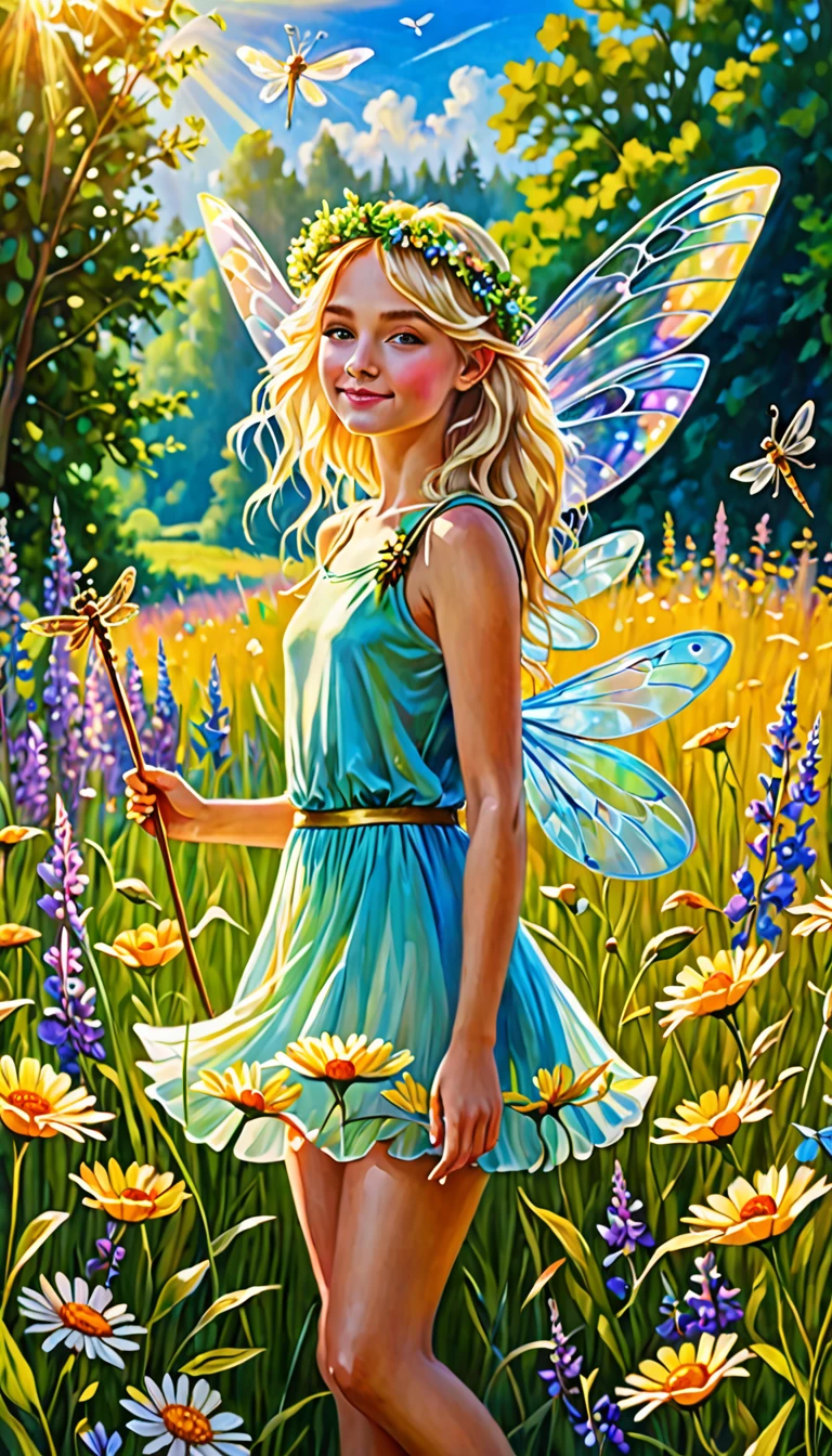 (Masterpiece, acrylic painting: 1.7). Bright summer day. Sunlit meadow. Many flowers. Golden glow. Fairy girl with dragonfly wings. Blonde hair. Wreath of flowers. Magic wand. Magical setting. UHD. HDR.