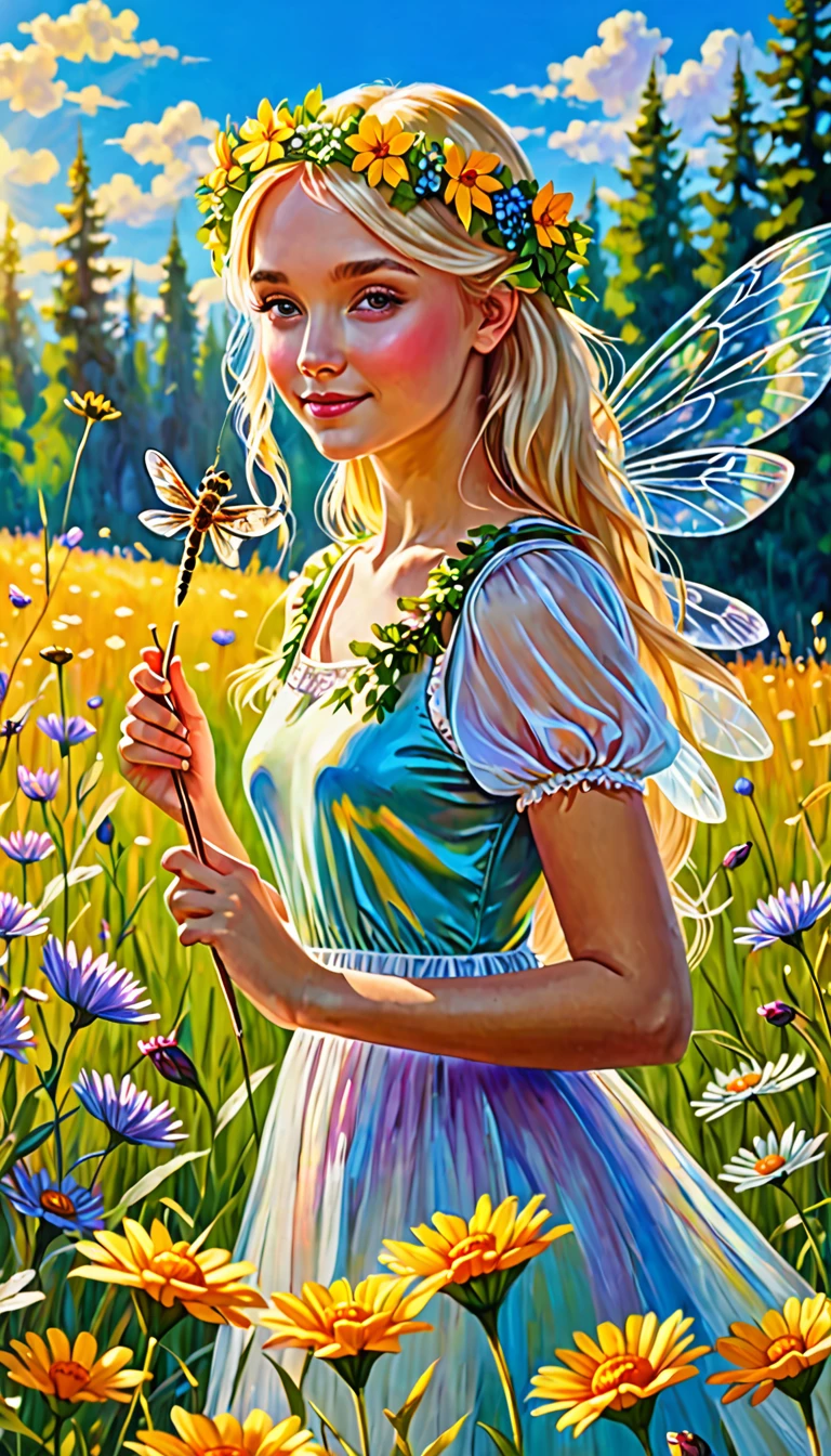 (Masterpiece, acrylic painting: 1.7). Bright summer day. Sunlit meadow. Many flowers. Golden glow. Fairy girl with dragonfly wings. Blonde hair. Wreath of flowers. Magic wand. Magical setting. UHD. HDR.