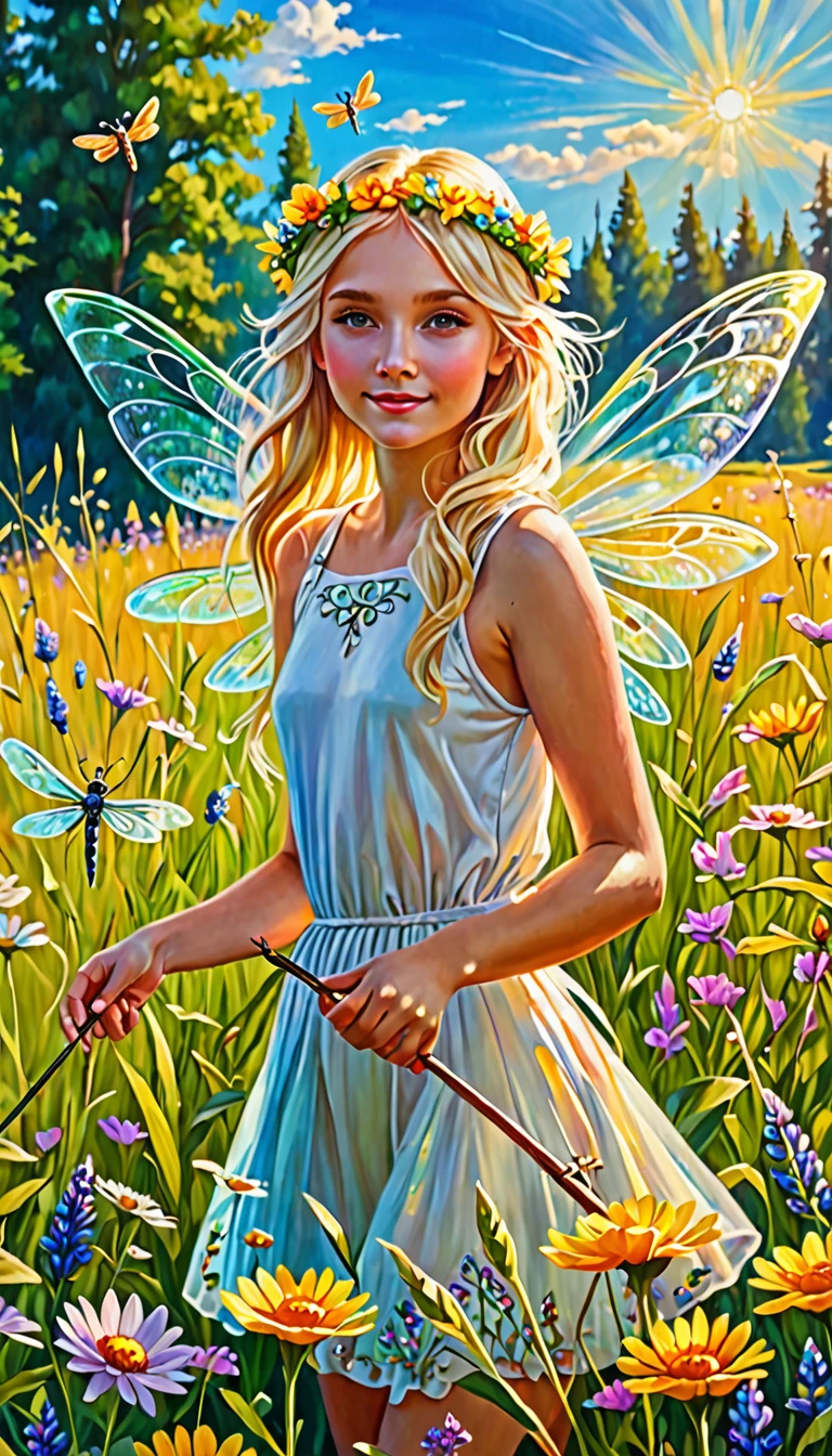 (Masterpiece, acrylic painting: 1.7). Bright summer day. Sunlit meadow. Many flowers. Golden glow. Fairy girl with dragonfly wings. Blonde hair. Wreath of flowers. Magic wand. Magical setting. UHD. HDR.