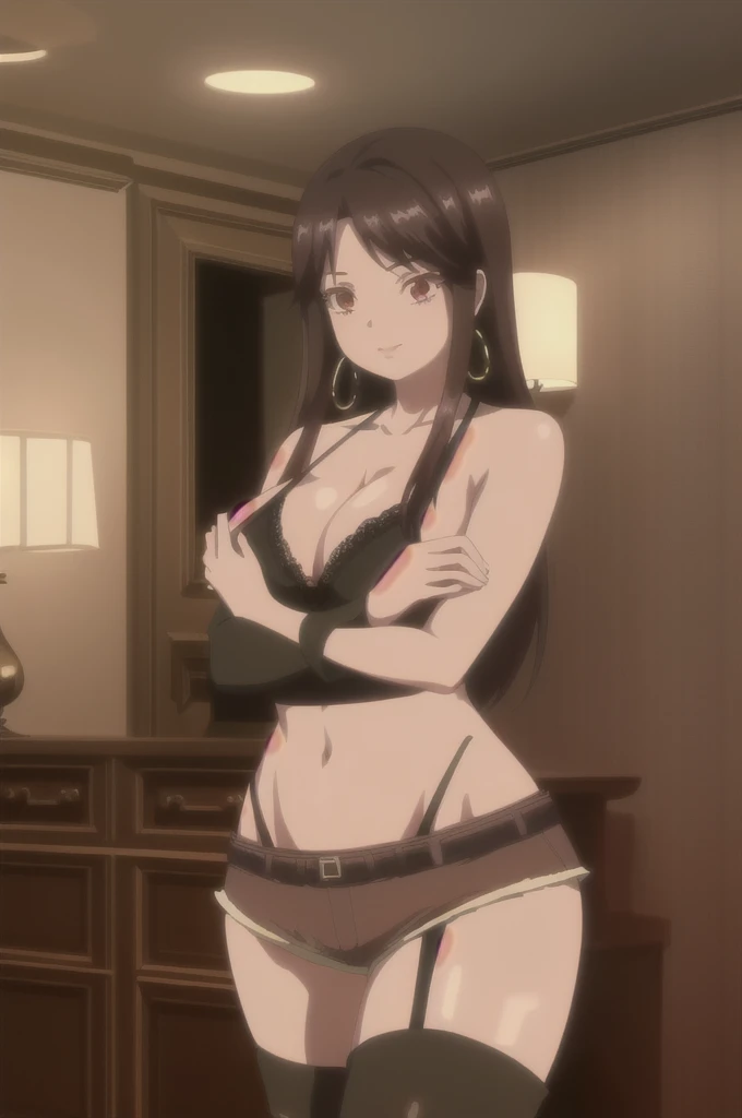 ((masterpiece)),(Highest quality),Official Art,Highly detailed CG,unity 8k wallpaper,Super detailed,On the hotel bed,One girl,alone,Upper Body,(Portraiture:1.2),Cleavage,Long Hair,Leather shorts,Brown Hair,jewelry,Bare shoulders,Hoop Earrings,belly button,Red eyes,Brown eyes,Black Midriff,Large Breasts,Lace top stockings,garter belt,Black Hair,Knee-high boots