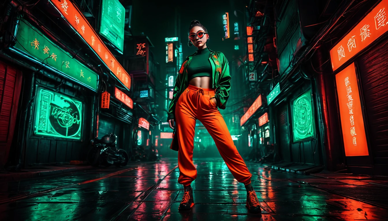 Dark night cyberpunk background，Neon，Full body shot，Orange red and dark green national trend style，woman，Chinese clothing，手持Neon，With round black glasses，Wide-angle shooting，High Definition Rendering