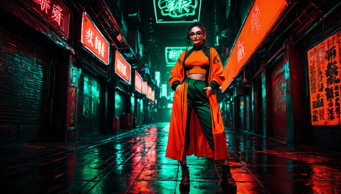 Dark night cyberpunk background,Neon,Full body shot,Orange red and dark green national trend style,woman,Chinese clothing,手持Neon,With round black glasses,Wide-angle shooting,High Definition Rendering