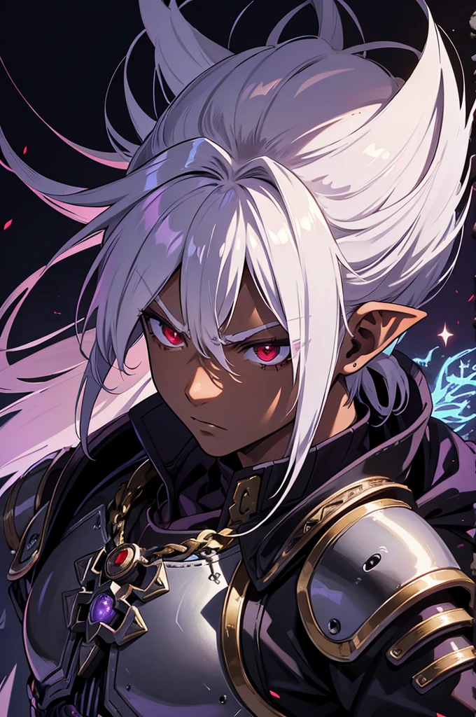 masterpiece, best quality, ultra high res, 1boy, (mix between dungeonpunk and steampunk armor), (wearing armor)fantasy illustration, dark skinned, human, upper body, portrait, red eyes, long white hair, Xemnas from Kingdom Hearts, half-drow, pointy ears, serious face, young man, dramatic lighting, purple hue, art by Kinema Citrus and Tetsuya Nomura