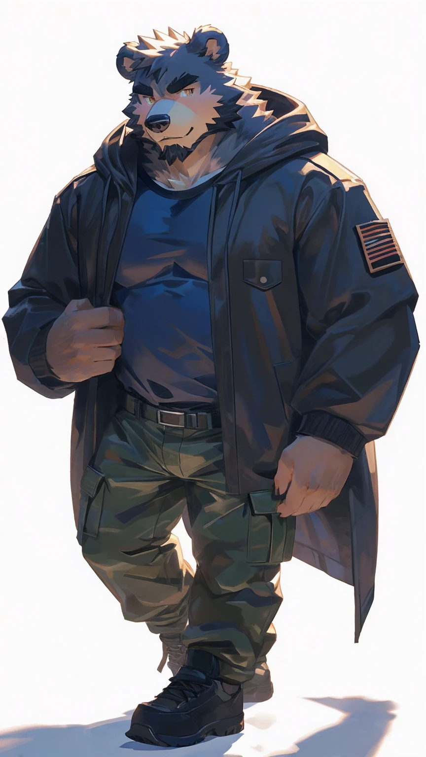(masterpiece:1.2), best quality,pixiv,official art,perfect anatomy, (Ray tracing, light),solo, (1_male:1.3) , (muscle), (grey fur:1.4), (muscle bear), (beard:1.2), (gleaming golden eyes), bear tail, Thick black eyebrows,(open hooded parka), (shirt inside), jeans, (cargo pants:1.2), black shoes, (pure white background: 1.3)