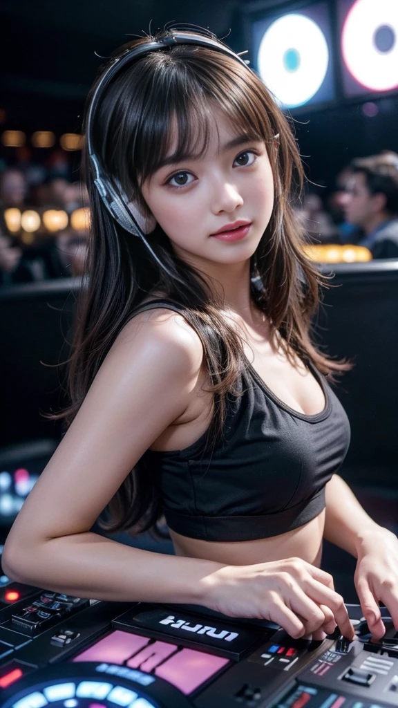 ((DJ girl at a nightclub, Super popular DJ player, Enjoy operating DJ equipment:1.2)), (beautiful girl, :1.5, Cute face), Perfect Style, (Small breasts:1.2), ((Detailed eyes and face, Professional photography techniques, Cinema Lighting)), Detailed hands, (Highest quality, 8K, masterpiece:1.2, RAW Photos), (Reality:1.4), View the viewer, Focus on the venue, Wearing headphones, Short Hair, ((Wavy Hair)), (Stylish outfits)