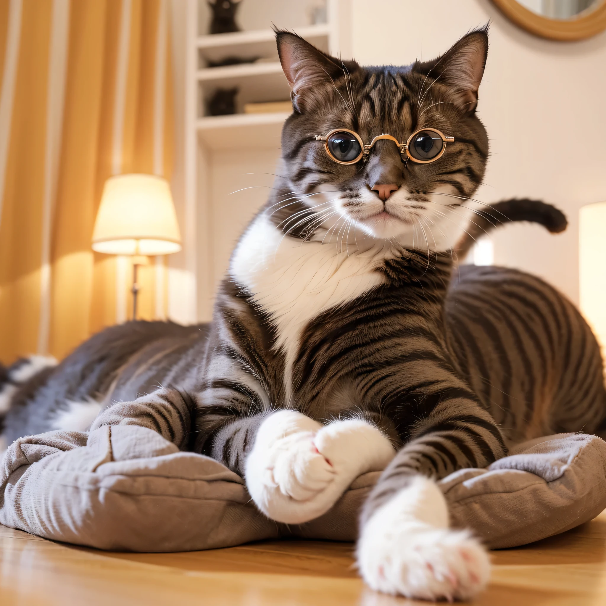 cat wearing round colored glasses, cute cat, funny pose, colorfull, only cat (no human)