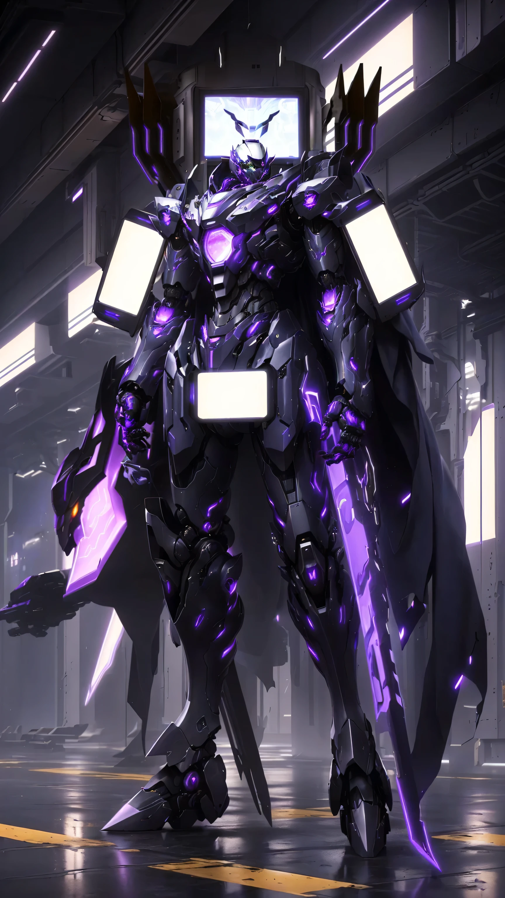 arafed robot with a purple light in a dark room, full portrait of electromancer, clothed in cyber armour, cyber suit, anime mecha aesthetic, cyber noir, ethereal and mecha theme, cyber fight armor, cyber armor, cyber armour, purple glowing core in armor, intricate glowing mecha armor, cyber japan style armor