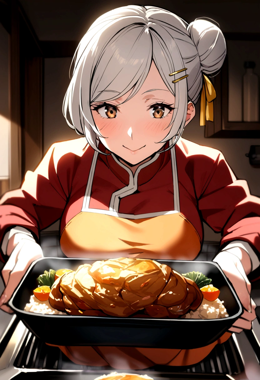 50 year old woman, white hair, bun with hairpin yellow, brown eyes, orange dress, red jacket, cook meal