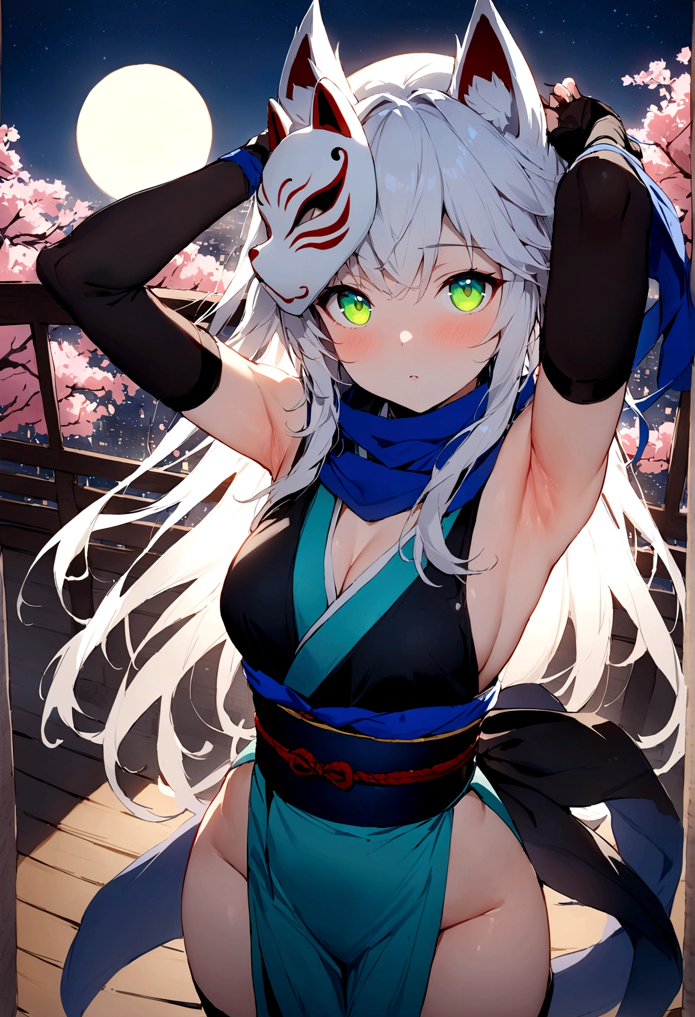 (masterpiece, best quality:1.2), 1girl, 独奏,Wolf girl, fox mask, ninja, girl, long white hair, Blue and green odd eyes, blue kimono, ninja girl, red and blue scarf,Dancing Cherry Blossoms,Full moon backlighting, light coming in, fantastic atmosphere.night、Shadows of light and darkness、 armpits and 、Flying shurikens、Eyes glowing in the dark、Black fox mask、Fisheye Lens、Expansive starry sky、long hair that spreads、Looking up from afar、Overlooking the city from atop a large cherry tree、 armpits and 、