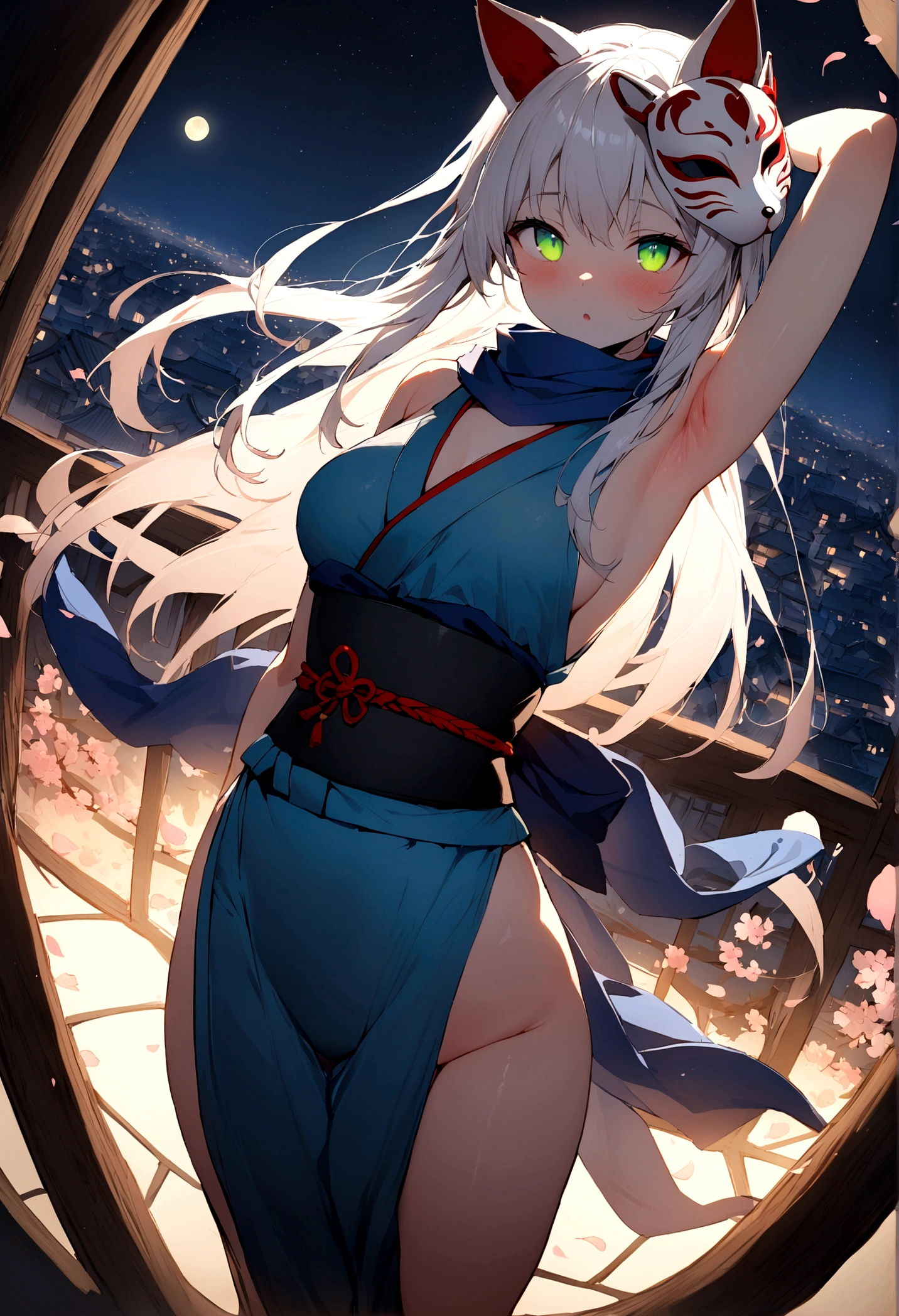 (masterpiece, best quality:1.2), 1girl, 独奏,Wolf girl, fox mask, ninja, girl, long white hair, Blue and green odd eyes, blue kimono, ninja girl, red and blue scarf,Dancing Cherry Blossoms,Full moon backlighting, light coming in, fantastic atmosphere.night、Shadows of light and darkness、Exposed armpits and chest、Flying shurikens、Eyes glowing in the dark、Black fox mask、Fisheye Lens、Expansive starry sky、long hair that spreads、Looking up from afar、Overlooking the city from atop a large cherry tree、Exposed armpits and chest、