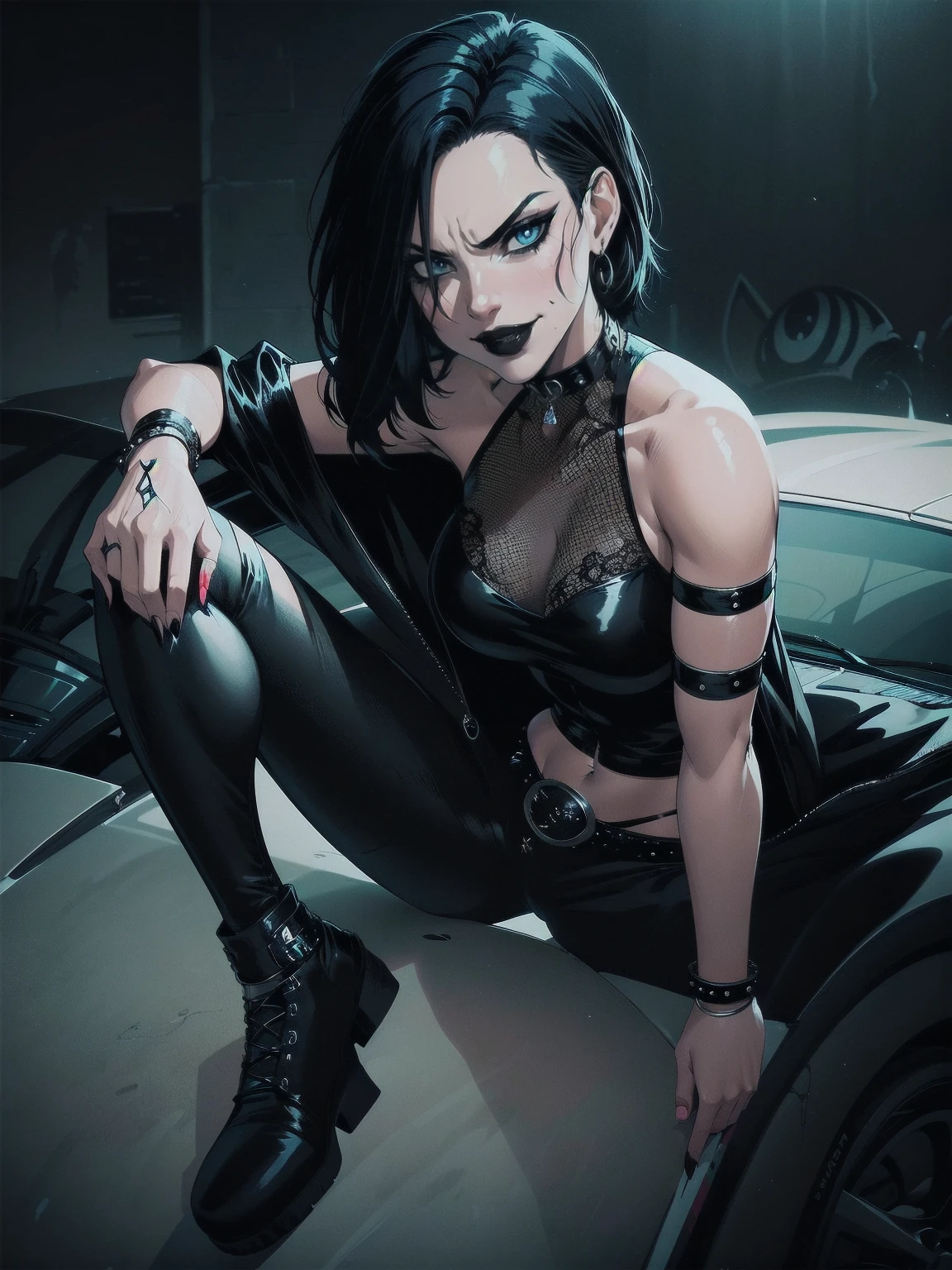 a woman with medium black hair, hair on shoulders, wearing black pant, black jacket, blue eyes, gothic art, cute aesthetic with vibe, toon aesthetic, wearing gothic accessories, look like Cassie Hack, upper body, angry clown smile, sitting on the car, garage background, dinamic poses