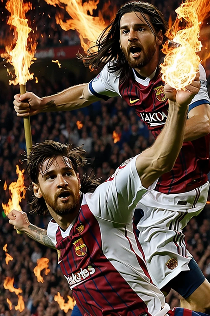 Jesus scoring a goal against Messi, in a field of fire 