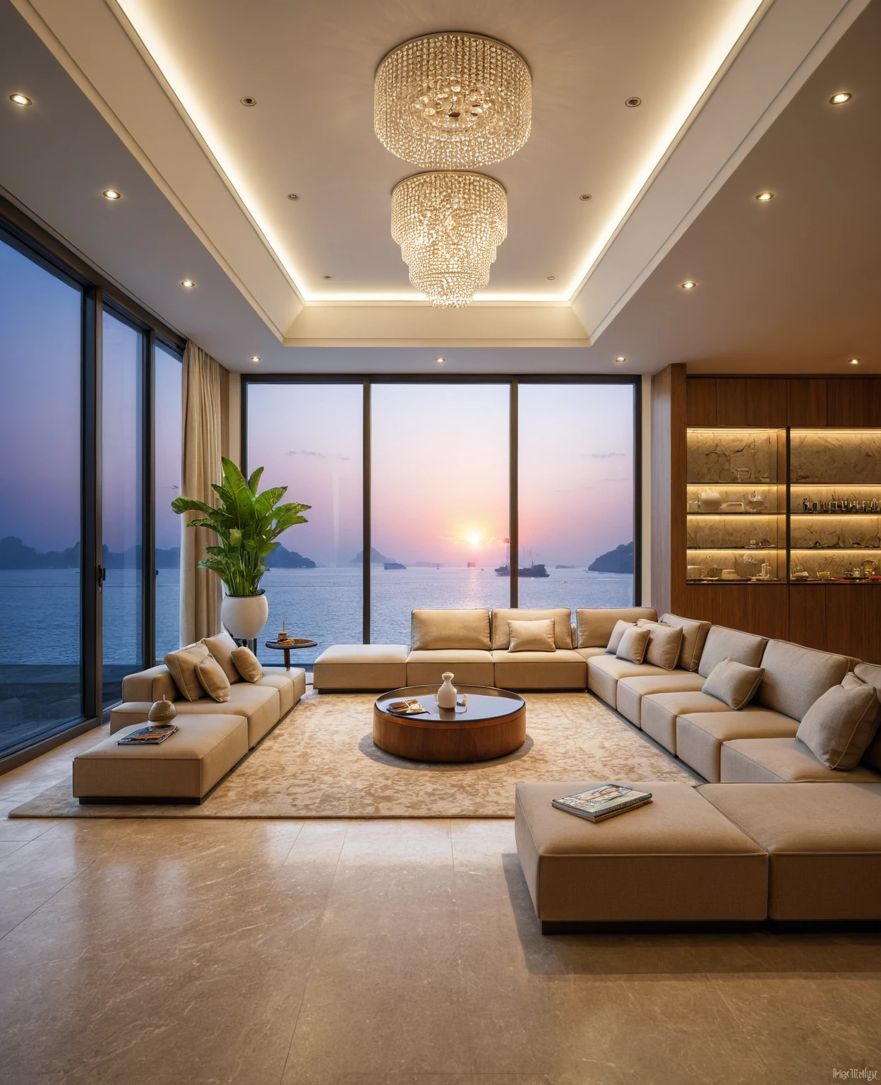 Raw photo,Masterpiece, high quality, best quality, authentic, super detail, interior, indoors, ((living room style modern luxury)), sunset, day light, sofa, table tea, carpet, cabinets, wood floor , (((chandeliers))), windows view sea halong bay , curtains, downlight, (flower vase), decorative cabinets, wine bottles, ornaments, books,