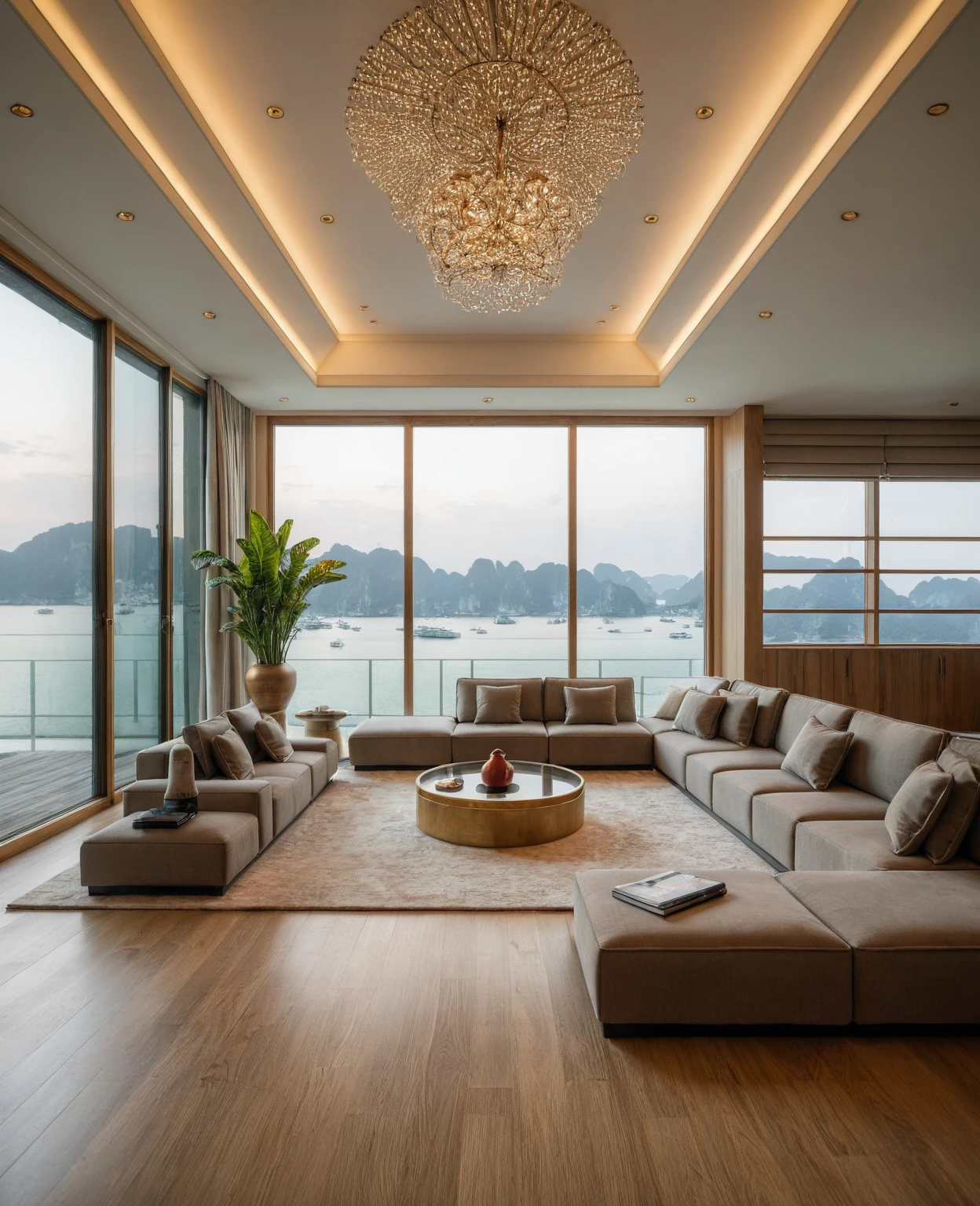 Raw photo,Masterpiece, high quality, best quality, authentic, super detail, interior, indoors, ((living room style modern luxury)), sunset, day light, sofa, table tea, carpet, cabinets, wood floor , (((chandeliers))), windows view sea halong bay , curtains, downlight, (flower vase), decorative cabinets, wine bottles, ornaments, books,