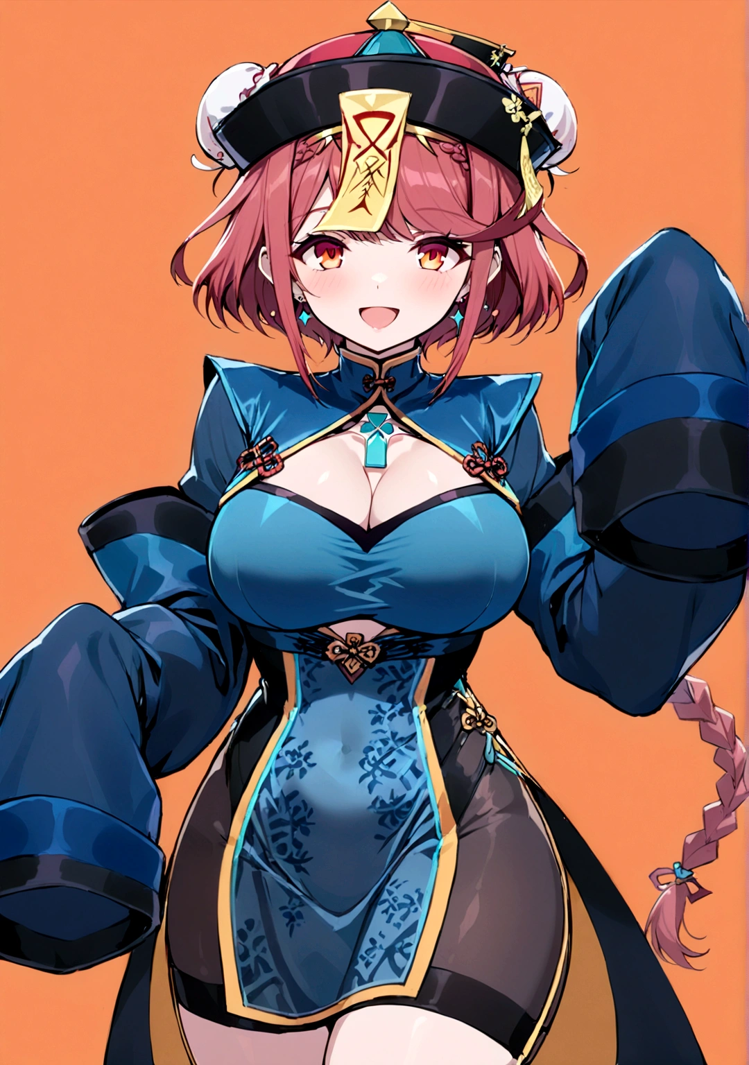 1girl, solo, long hair, breasts, looking at viewer, smile, short hair, open mouth, bangs, large breasts, simple background, red eyes, long sleeves, hat, dress, cleavage, jewelry, braid, :d, red hair, cowboy shot, earrings, alternate costume, hair bun, sleeves past wrists, clothing cutout, double bun, swept bangs, chinese clothes, short dress, cleavage cutout, tiara, china dress, sleeves past fingers, halloween, braided ponytail, ofuda, orange background, bun cover, jiangshi, chest jewel, qing guanmao, pyra \(xenoblade\)