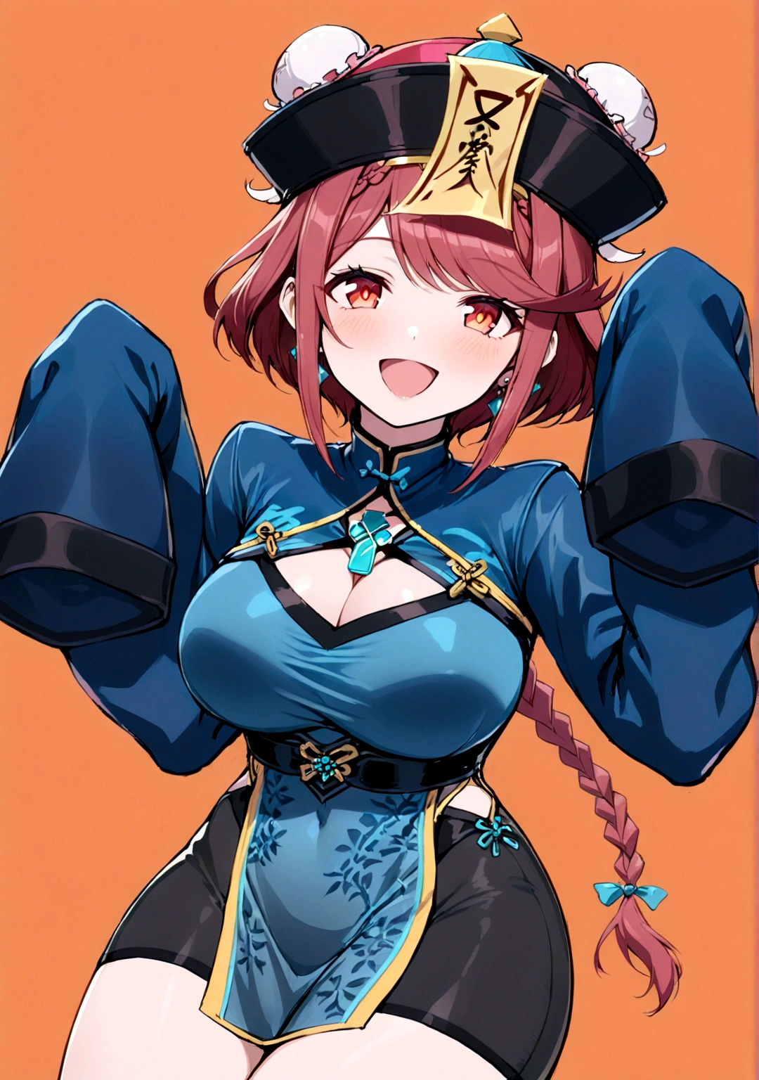 1girl, solo, long hair, breasts, looking at viewer, smile, short hair, open mouth, bangs, large breasts, simple background, red eyes, long sleeves, hat, dress, cleavage, jewelry, braid, :d, red hair, cowboy shot, earrings, alternate costume, hair bun, sleeves past wrists, clothing cutout, double bun, swept bangs, chinese clothes, short dress, cleavage cutout, tiara, china dress, sleeves past fingers, halloween, braided ponytail, ofuda, orange background, bun cover, jiangshi, chest jewel, qing guanmao, pyra \(xenoblade\)