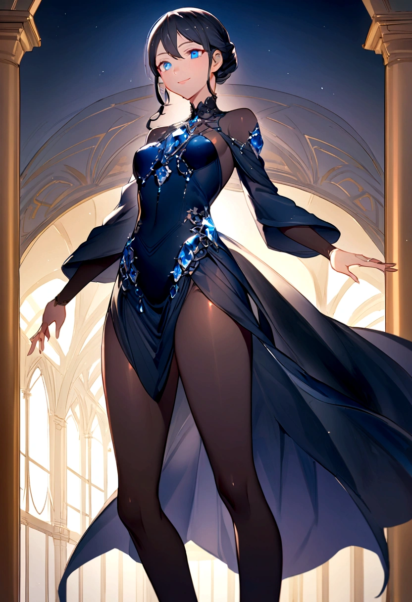 anime girl, beautiful, YOUNG, student, very light skin tone, long black fur, long blue eyes that shine like sapphires, SMILE, outstanding figure who embodies the ideal of every woman in the world, long, thin arms and legs, he would be, intelligent, gentle and kind