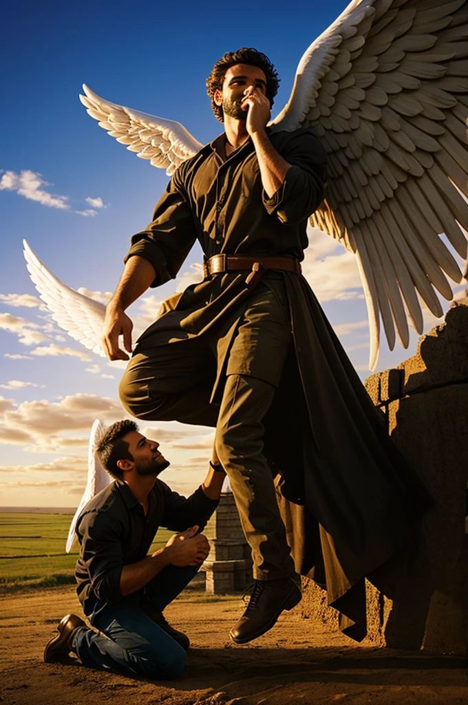 A man kneeling before an angel coming out of heaven