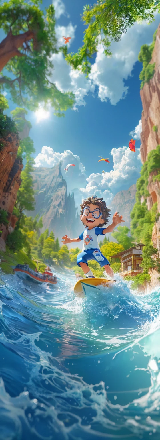 Cartoon boy surfing in the water，A mountain in the background, Children's art on the art station, 3D Epic Illustrations, Official Artwork, 3d cartoon, Lovely and detailed digital art, Cartoon Numbers, 3D Animation, Roland Zierwinsky 3D Rendering Art, Cartoon Numbers艺术, Official Art, CG Artist, cartoon style illustration