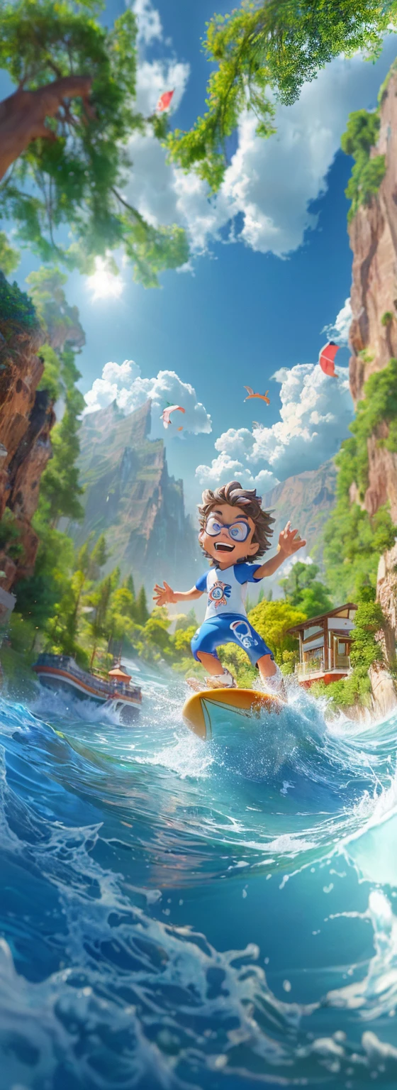 Cartoon boy surfing in the water,A mountain in the background, Children's art on the art station, 3D Epic Illustrations, Official Artwork, 3d cartoon, Lovely and detailed digital art, Cartoon Numbers, 3D Animation, Roland Zierwinsky 3D Rendering Art, Cartoon Numbers艺术, Official Art, CG Artist, cartoon style illustration