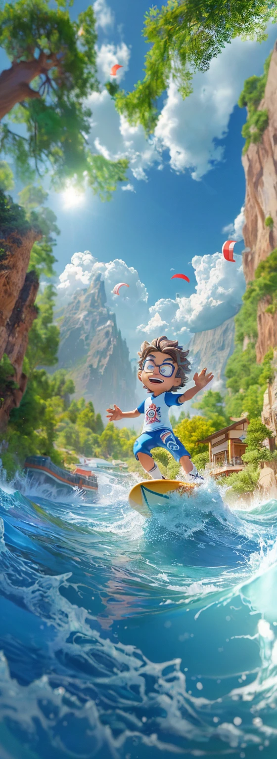 Cartoon boy surfing in the water,A mountain in the background, Children's art on the art station, 3D Epic Illustrations, Official Artwork, 3d cartoon, Lovely and detailed digital art, Cartoon Numbers, 3D Animation, Roland Zierwinsky 3D Rendering Art, Cartoon Numbers艺术, Official Art, CG Artist, cartoon style illustration