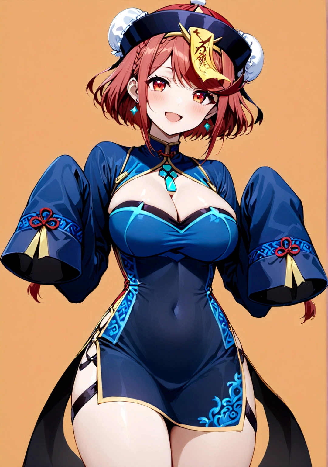 1girl, solo, long hair, breasts, looking at viewer, smile, short hair, open mouth, bangs, large breasts, simple background, red eyes, long sleeves, hat, dress, cleavage, jewelry, braid, :d, red hair, cowboy shot, earrings, alternate costume, hair bun, sleeves past wrists, clothing cutout, double bun, swept bangs, chinese clothes, short dress, cleavage cutout, tiara, china dress, sleeves past fingers, halloween, braided ponytail, ofuda, orange background, bun cover, jiangshi, chest jewel, qing guanmao, pyra \(xenoblade\)