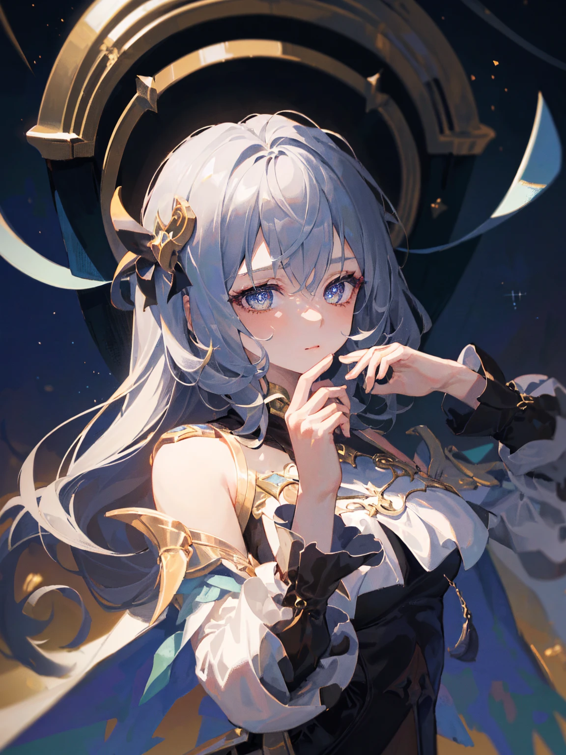 (Masterpiece, Top Quality, Best Quality, Official Art, Beauty and Aesthetics: 1.2), (1 Girl), Extreme Detail, (Fractal Art: 1.3), Colorful, Supreme Detail, Perfect Face, Upper Body, HDR, Prayer, (White Cloak Golden Lines: 1.2), Starry Sky, Shooting Star, Light Stripes, Surrealism.