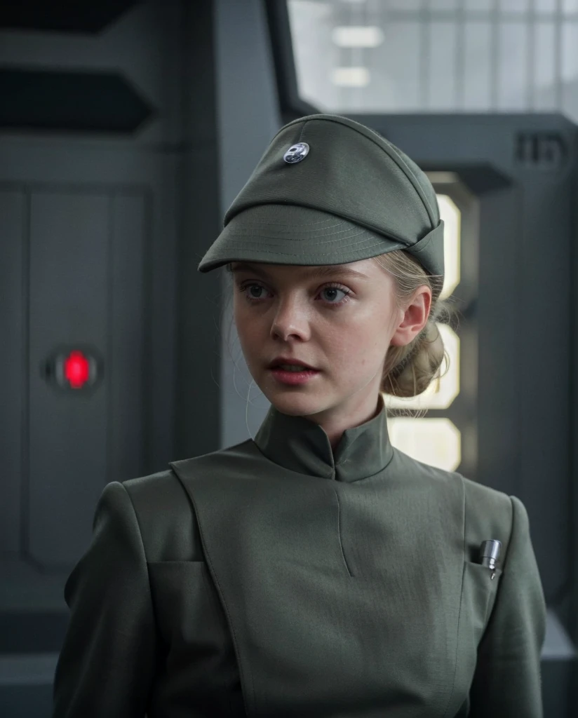fashion photography of Elle Fanning in olive gray imperialofficer uniform and hat with brim, hair in small tight bun, smooth pale white skin, haughty proud snob, pouty lips, buck teeth, sci-fi Death Star control room, sharp focus, dlsr, ultra sharp, professional Photographer, film grain, very detailed skin texture, photorealistic