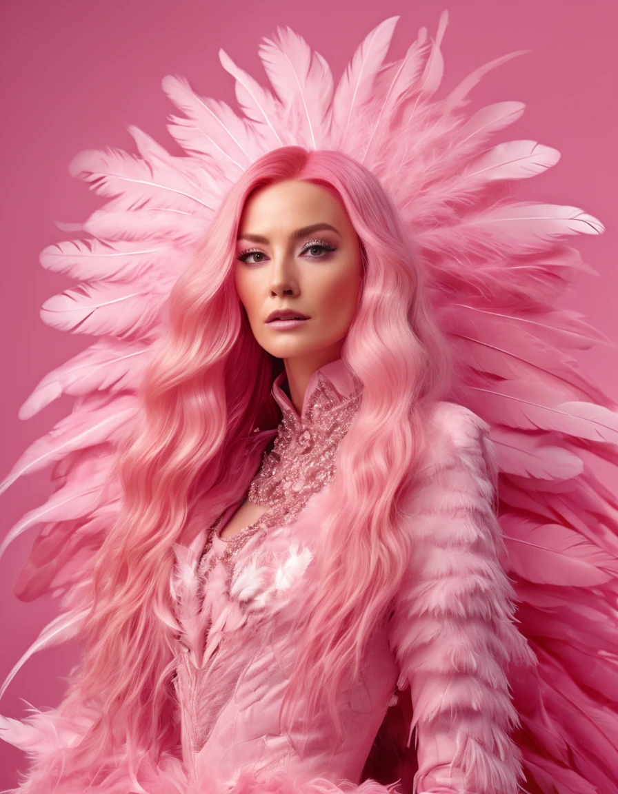 pretty woman with long pink hair and in pink dress on pink background, in the style of made of feathers, futuristic victorian, collage-like layering, focus stacking, layered forms, textured fabrics, oversized objects.real human and hair, music video, youtube, screenshot , behind view , ultrarealistic, detailed" "female, fashion,full photo
