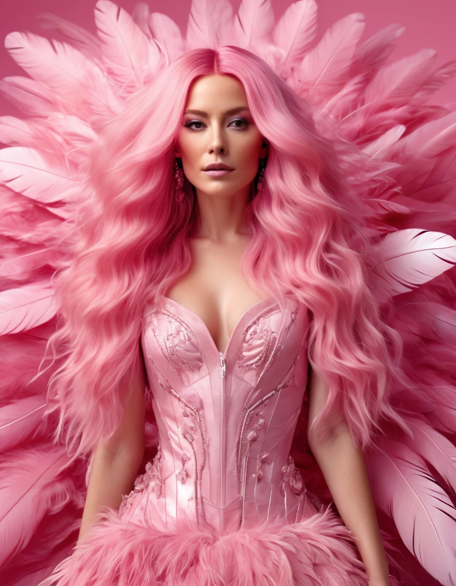 pretty woman with long pink hair and in pink dress on pink background, in the style of made of feathers, futuristic victorian, collage-like layering, focus stacking, layered forms, textured fabrics, oversized objects.real human and hair, music video, youtube, screenshot , behind view , ultrarealistic, detailed" "female, fashion,full photo